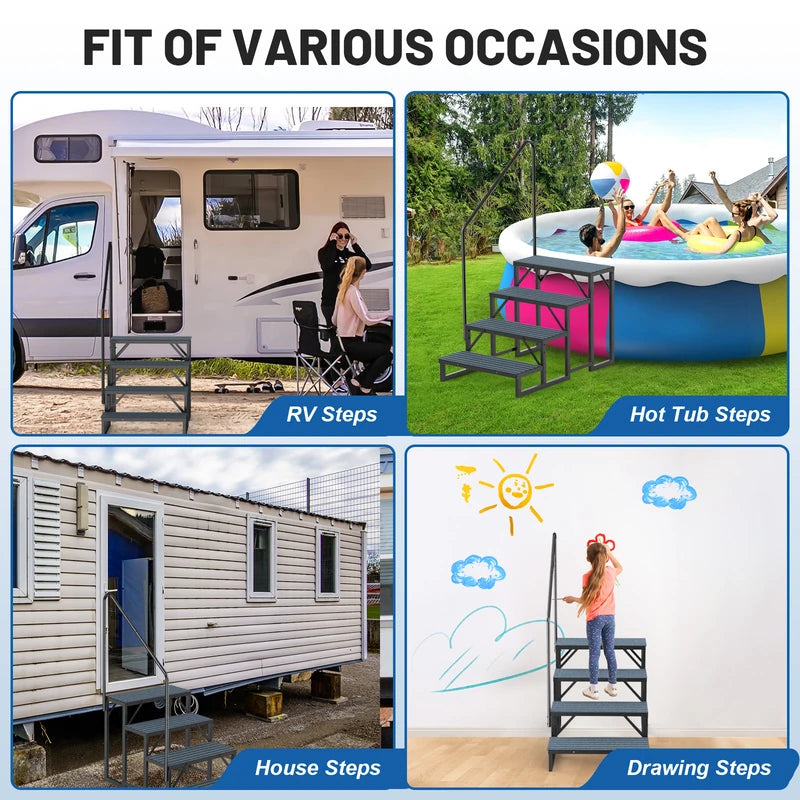 RV Steps with Handrail, 4 Steps with 1 Handrail Hot Tub Steps with Non-Slip Mats