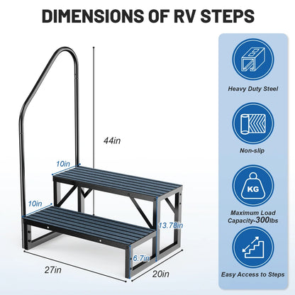 RV Steps with Handrail, 2 Steps with 1 Handrail Hot Tub Steps with Non-Slip Mats