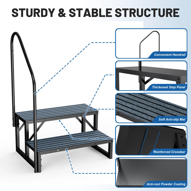 RV Steps with Handrail, 2 Steps with 1 Handrail Hot Tub Steps with Non-Slip Mats